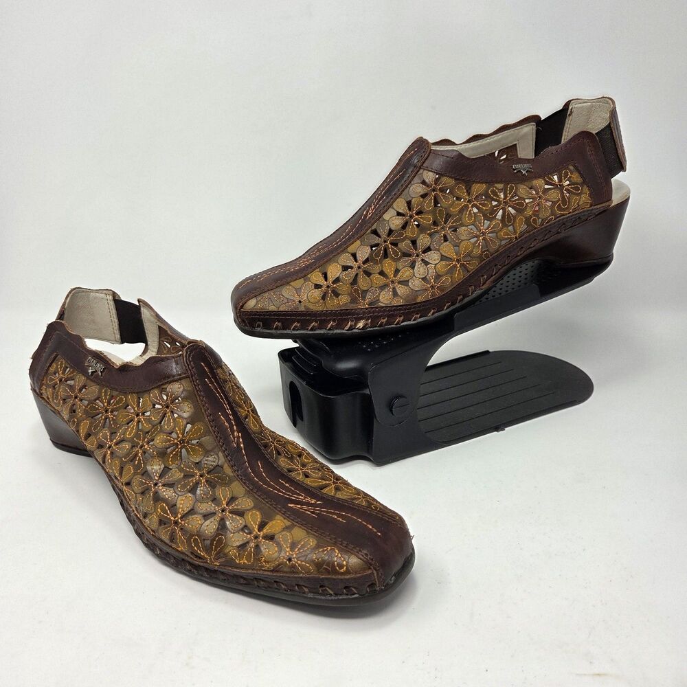 Pikolinos Romana Slingback Sandals Floral Cutouts Brown Leather EU 41 US 10.5-11